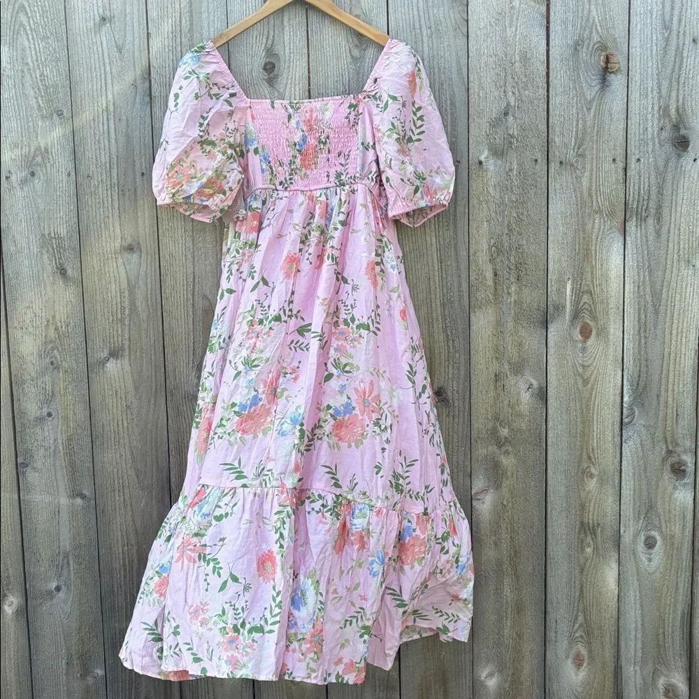 By The River Floral Pink Puff Midi Sleeve Dress - Picture 6 of 15